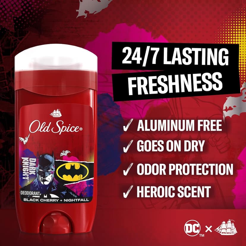Old Spice Aluminum Free Deodorant for Men, 24/7 Freshness & Lasting Scent, Long Lasting Odor Protection, Smell Like a Hero, Batman, Black Cherry and Nightfall Scent, 3.0 oz