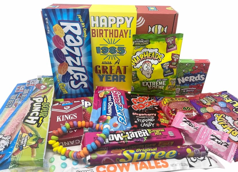 RETRO CANDY YUM ~ 1985 40th Birthday Nostalgic Candy Gift Basket Box Assortment from Childhood Memories for 40 Year Old Woman or Man Born 1985 jr