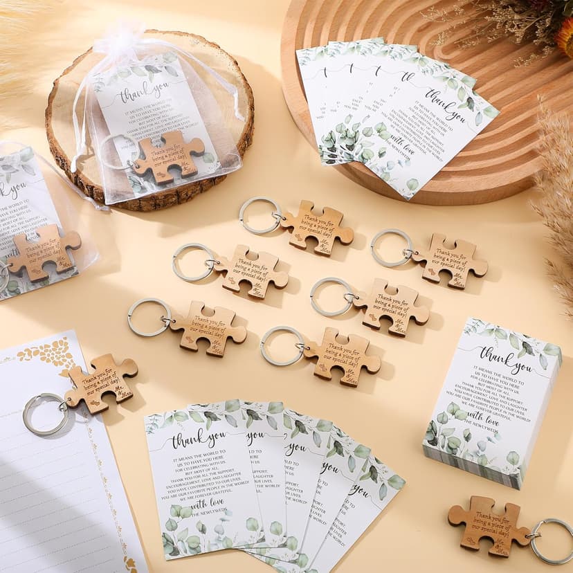 Sintuff 100 Sets Wedding Favors for Guests Rustic Wood Puzzle Keychain Thank You Card Organza Bag Wedding Party Bridal Shower Souvenir