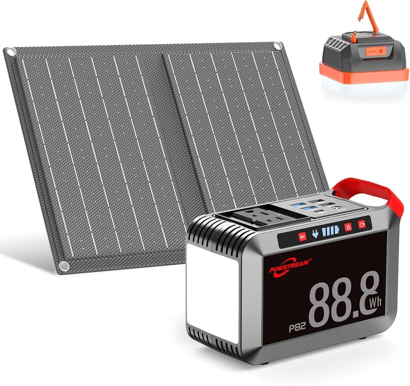 POWSTREAM 24000mAh Solar Generator with AC Outlet 120W Peak, 88.8Wh Portable Power Station with Panels 21W Included and Camping Lantern 248LM, Solar Powered Power Bank for Outdoor Camping Home Backup