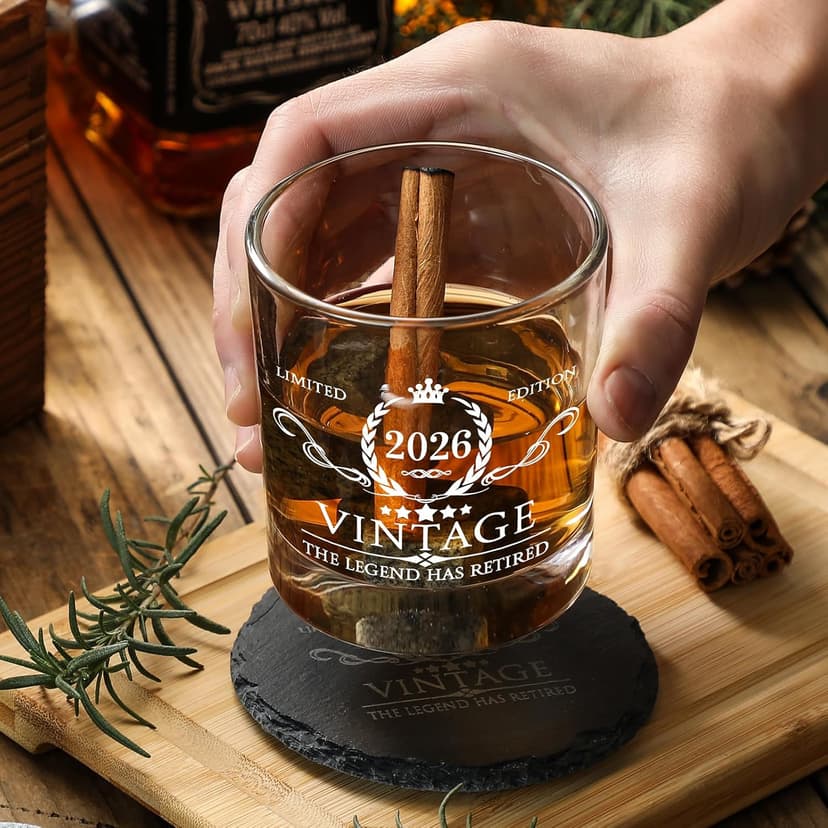 Retirement Gifts for Men Whiskey Glass Set - The Legend Has Retired 2025 - Retirement Party Decorations, Supplies - Gifts Ideas for Him, Dad, Husband, Friends - Wood Box & Whiskey Stones & Coaster