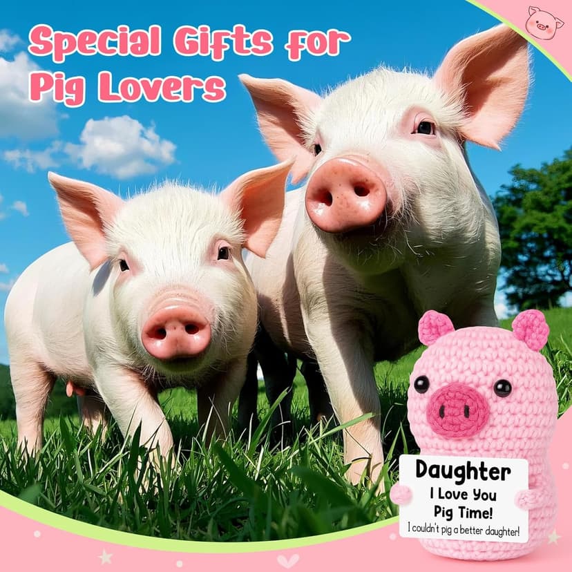 Funny Positive Pig Gifts for Daughter Birthday Christmas, Handmade Crochet Emotional Inspirational Pink Pig for Daughter Teens Adult, Daughter Gifts for Birthday Graduation Christmas Cute Decor