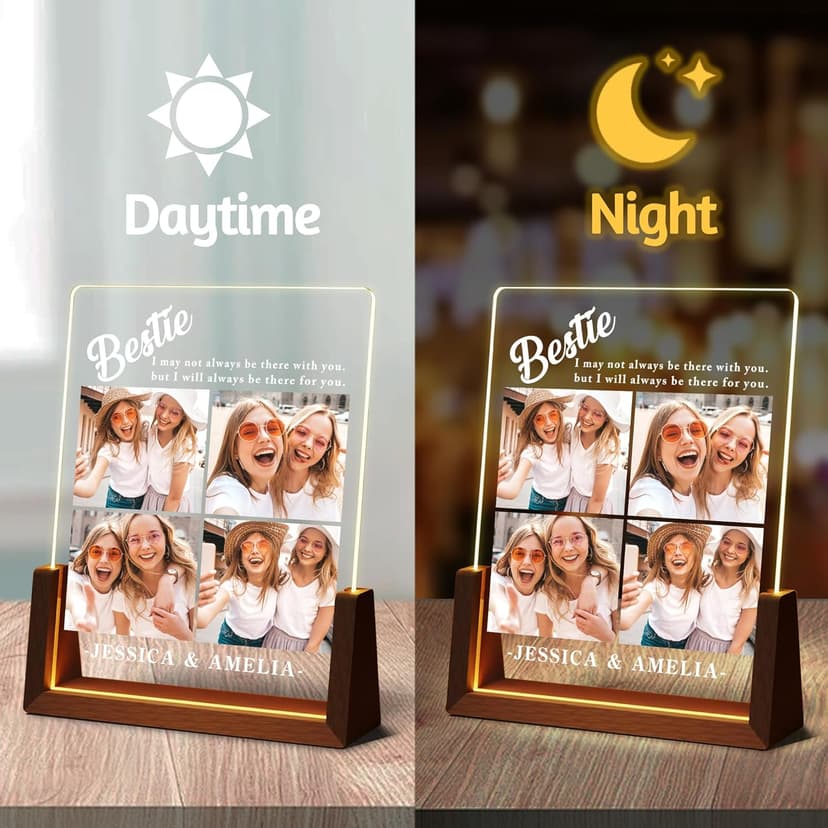 Personalized Besties Friendship Gifts For Women Her, Best Friend Birthday Gifts, Custom LED Acrylic Plaque With Photo Frame Name, Customized Long Distance Christmas Gift For BFF Bestie Sister