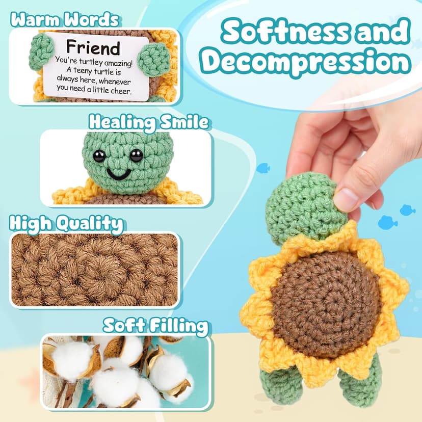 Friend Friendship Gifts for Women Men - 1PC Positive Handmade Crochet Sunflower Turtle Decor - Birthday Gifts for Women Friendship, Turtle Present for Bff Bestie Best Friend - 2.8x2x3.9 inches