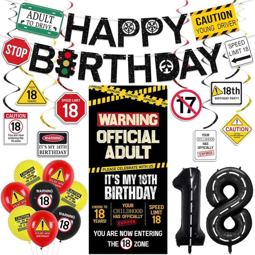 Roetyce 18th Birthday Decorations for Boys Girls, Caution Logos Happy 18th Birthday Banner Backdrop Balloons Hanging Swirls Kit, 18 Years Old Party Yard Door Wall Cover Background