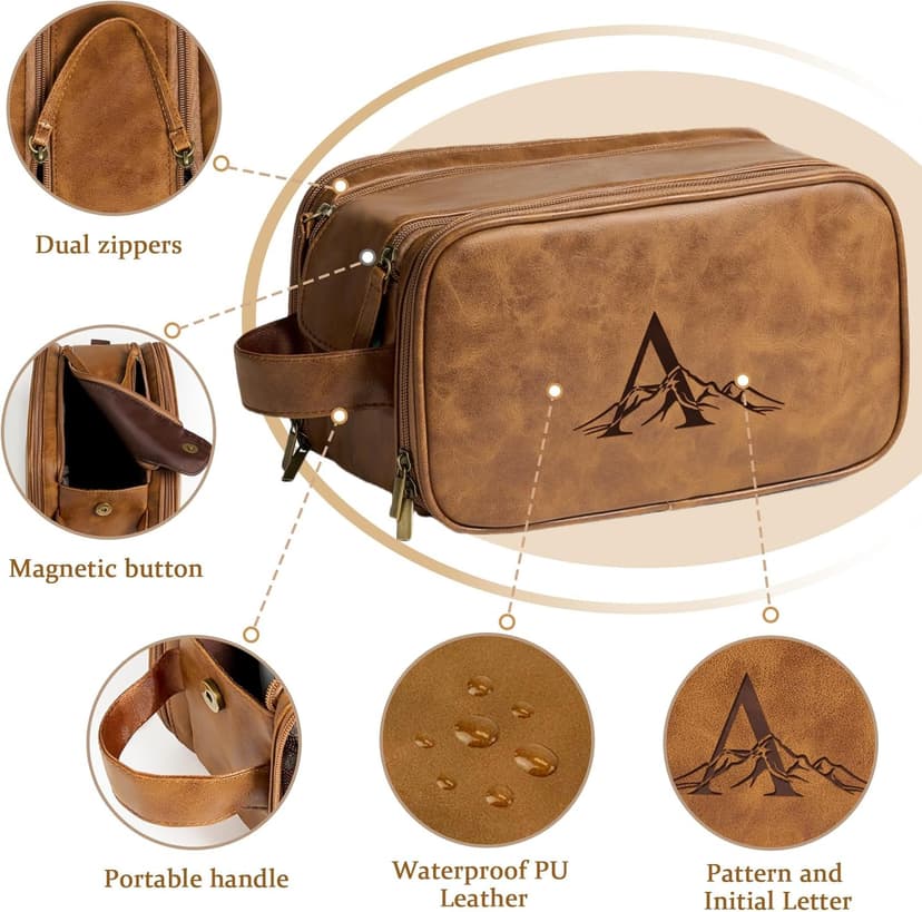 Janhavi Personalized Toiletry Bag for Men, Gifts for Boyfriend, Toiletry Bag For Shower Caddy,Personalized Initials & Mountain, Mens Toiletry Travel Bag, Travel Essentials for Men (Brown J)