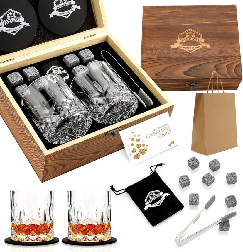 Whiskey Stones Gift Set - Whiskey Glass Set of 2 - Granite Chilling Whiskey Rocks - Scotch Bourbon Box Set -Father's Day Birthday Gifts for Men Drinking Gift for Dad Him Husband Party Holiday Present