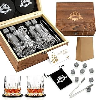 Whiskey Stones Gift Set - Whiskey Glass Set of 2 - Granite Chilling Whiskey Rocks - Scotch Bourbon Box Set -Father's Day Birthday Gifts for Men Drinking Gift for Dad Him Husband Party Holiday Present