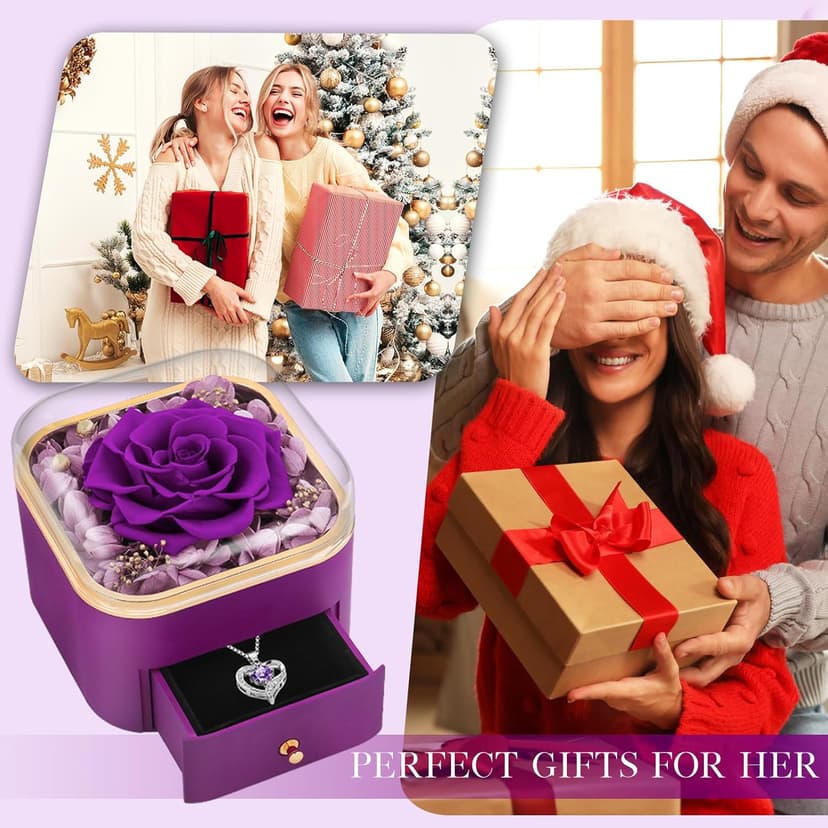 Beferr Birthday Gifts for Women Mom Preserved Real Rose with Necklace Eternal Roses Fresh Flowers for Delivery Prime anniversary Purple Gifts for Grandma Wife Daughter Sister