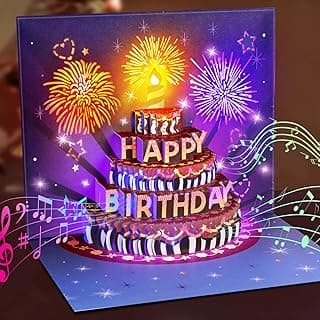 INPHER Birthday Cards Fireworks Pop Up Cake Light and Music Happy Birthday Gifts Decorations for Women, Men, Mom, Grandma