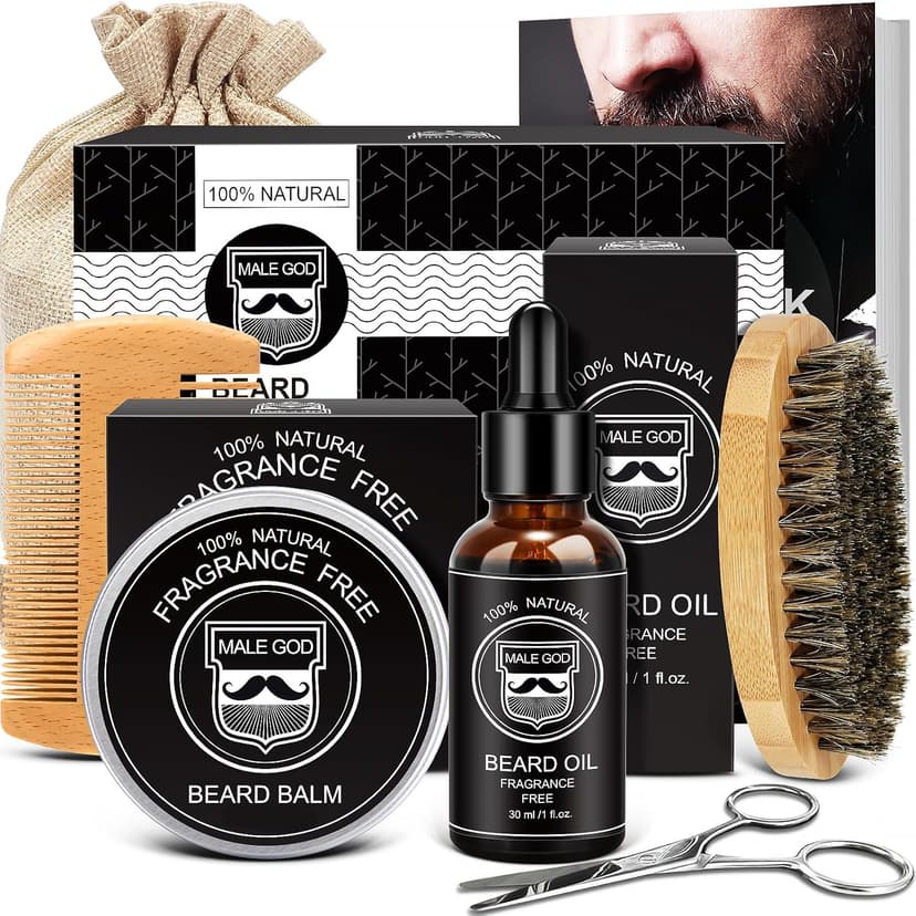 MALE GOD Beard Kit w/Beard Oil, Balm, Brush, Comb - Nourish & Soften Beard, Natural Shea Butter, Suitable for All Skin, Anniversary & Birthday Gifts for Men Him Husband Boyfriend Dad Friends