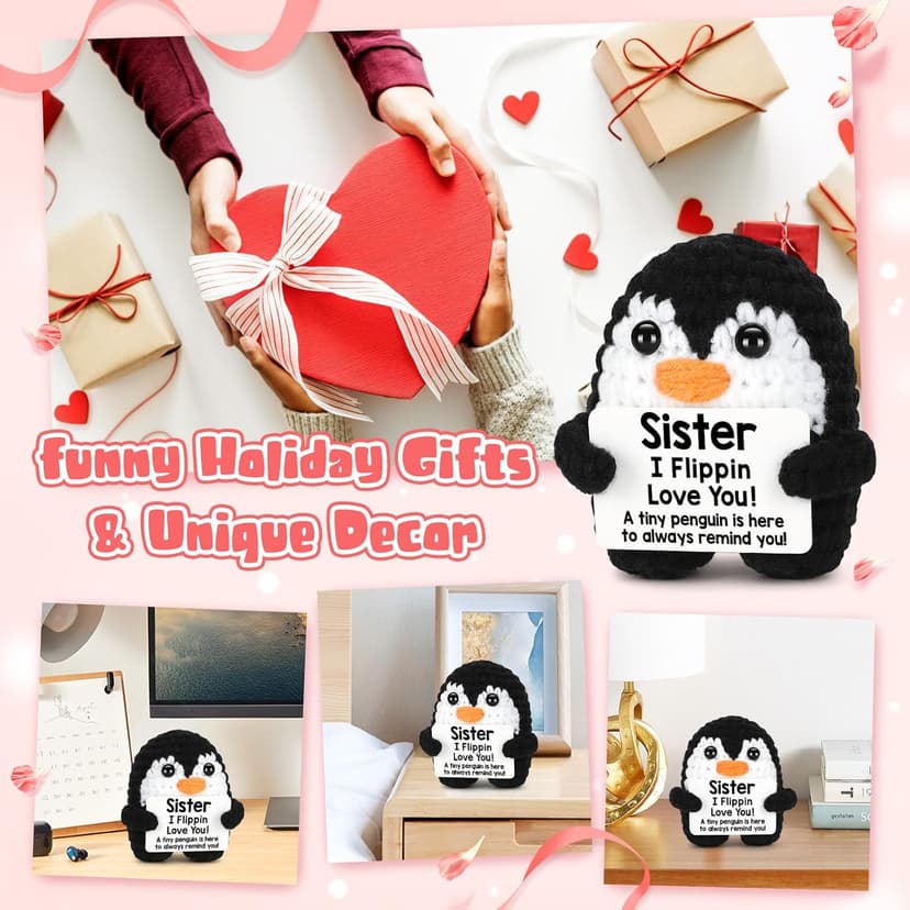 Christmas Birthday Gifts for Sister from Sisters, Handmade Crochet Penguin Sister Birthday Gift Ideas, Funny Sister Gifts for Women Girls, I Love You Sister Bestie Soul Sister Emotional Cute Decor