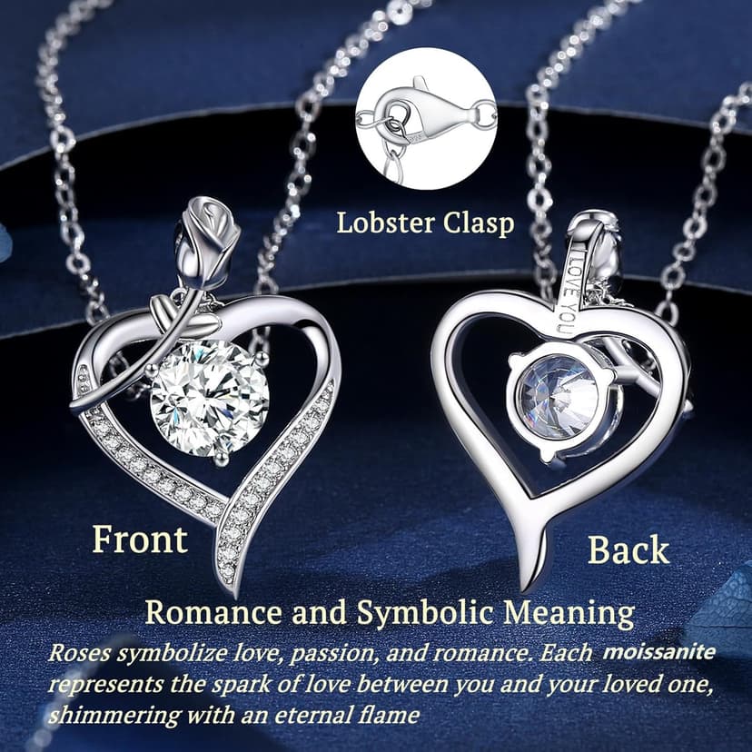 Rose Heart Pendant Necklace for Wife Moissanite Lab-Created Gem Jewelry for Women I Love You Wedding Anniversary Birthday Christmas Valentines Engagements Mothers Day for Her Girlfriend Mom Daughter