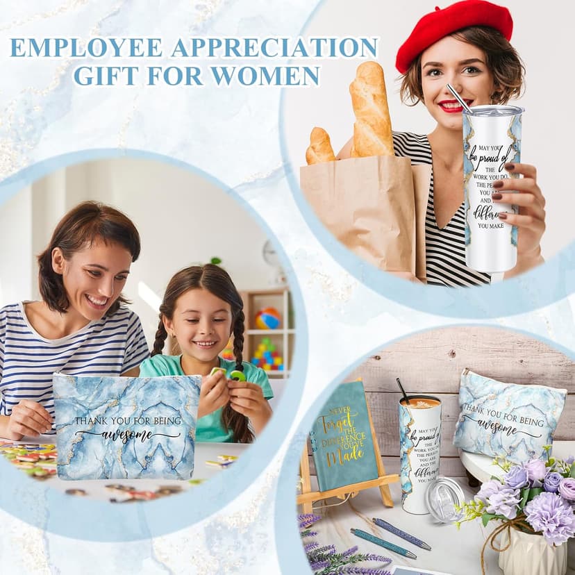 Domensi 6 Pcs Employee Appreciation Gift Set for Women Female Christmas Thank You Gift May You Be Proud 20 oz Rustic Marble Sign Tumbler Makeup Bag Journal for Teacher Nurse Lady Work Business(Blue)