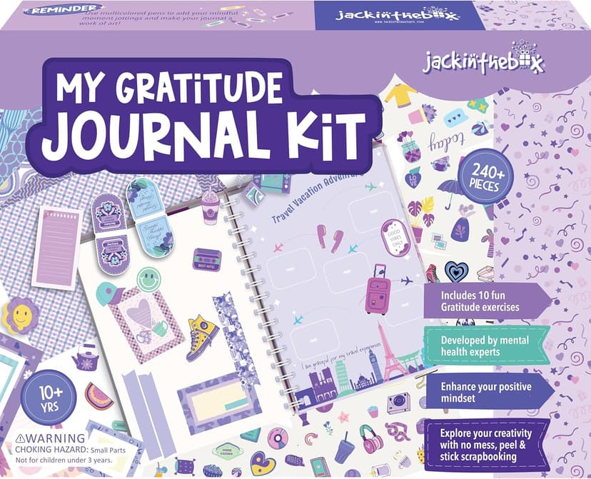jackinthebox Gratitude Journal Kit for Girls Ages 8-12, 242 pcs, Scrapbooking Journal Set for Teen & Tween Girls,10 Fun Gratitude Exercises, Journal Art & Craft Kit, Ideal Gift for Girls 8 9 10 11 12