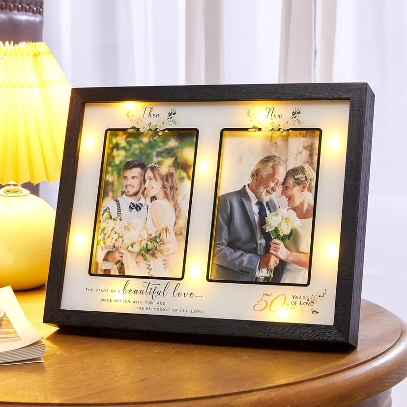 Then & Now 50th Anniversary Picture Frame for Couple, Celebrate Years of Love Anniversary Wooden Photo Frame for Parents, Husbands, Wives, Wedding Engagement Gifts, Double Frame 4x6 Photos Black