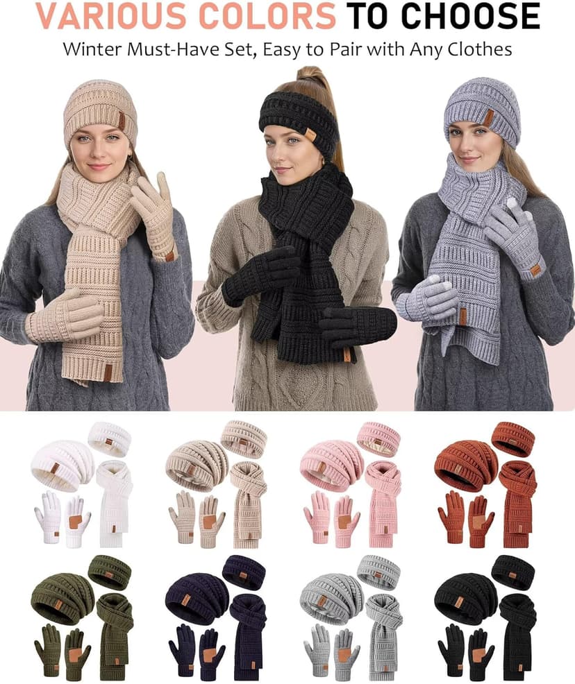 Womens Winter Beanie Hat Scarf Gloves Headband Set, Slouchy Beanie Ear Warmer Knit Scarf Touchscreen Gloves Warm 4 Gift Set