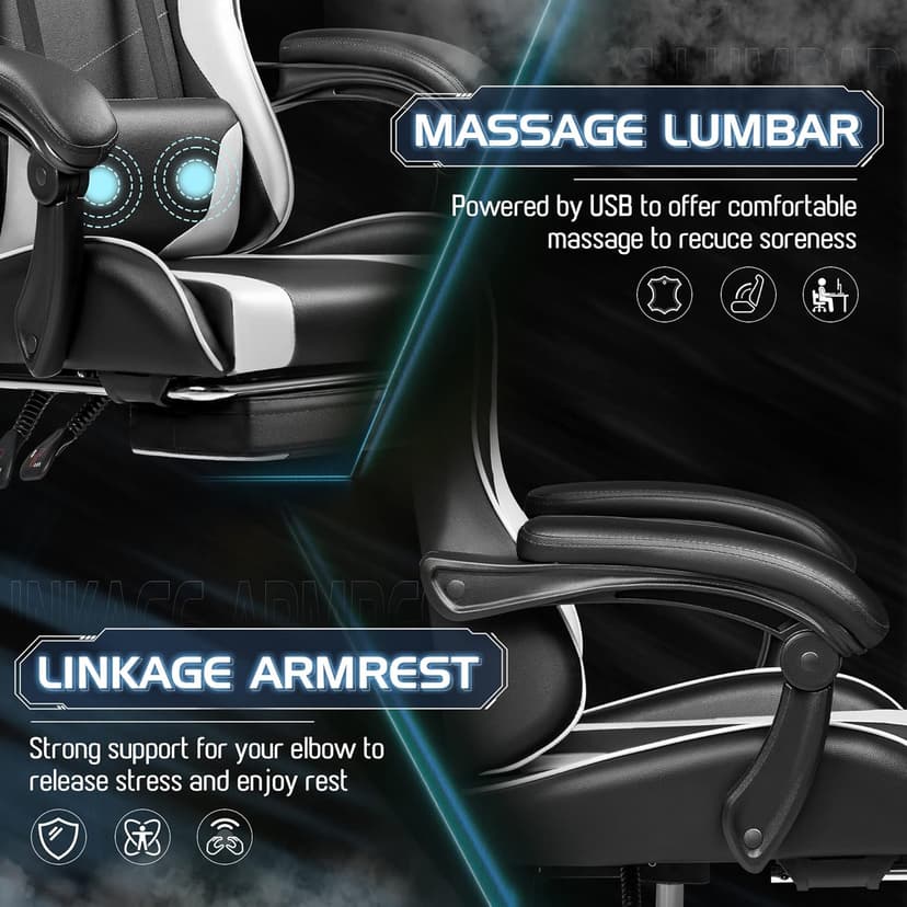 Homall Gaming Chair, Video Game Chair with Footrest and Massage Lumbar Support, Ergonomic Computer Chair Height Adjustable with Swivel Seat and Headrest (White)