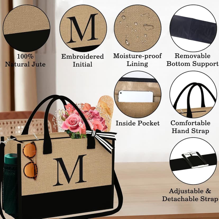YOOLIFE Personalized Gifts for Women - Initial Jute Tote Bag & Makeup Bag, Birthday Gifts for Women Mom Wife Teacher Friend