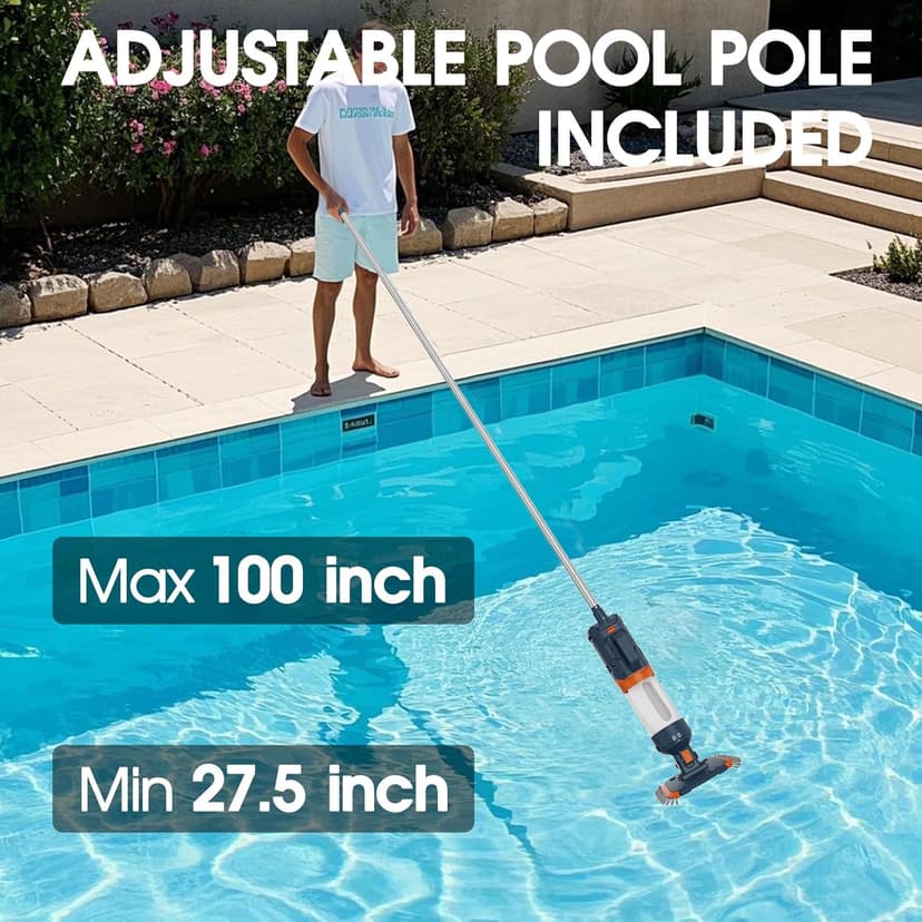 Cordless Heave Duty Pool Vacuum-True Powerful Suction 16.8 GPM, 60M Run-time, 25µm Ultra Fine Mesh Filter, Handheld Rechargeable Hot Tub Cleaner with Poles for Above Ground&Inground Pool