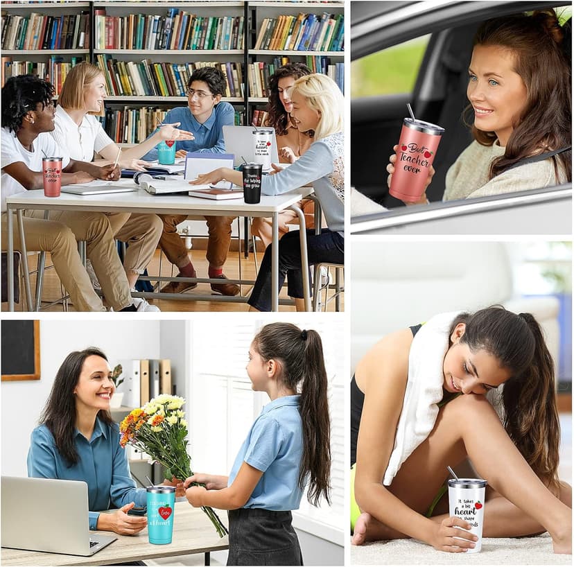 Yinder Valentines Gifts for Teachers Tumbler Set 4pcs Stainless Steel Tumblers with Keychains 12oz Insulated Mugs for Teachers Appreciation Presents Thank You Gifts Bulk Teacher Supplies(Apple)