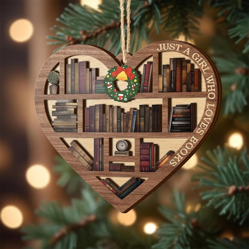 V VIBEPY All Over Printed, Book Lovers Ornaments, Bookshelf Heart Christmas Book Ornament 3.2"x3.5" 2 Layer, Gift for Girl Book Lovers, Gift Idea for Christmas