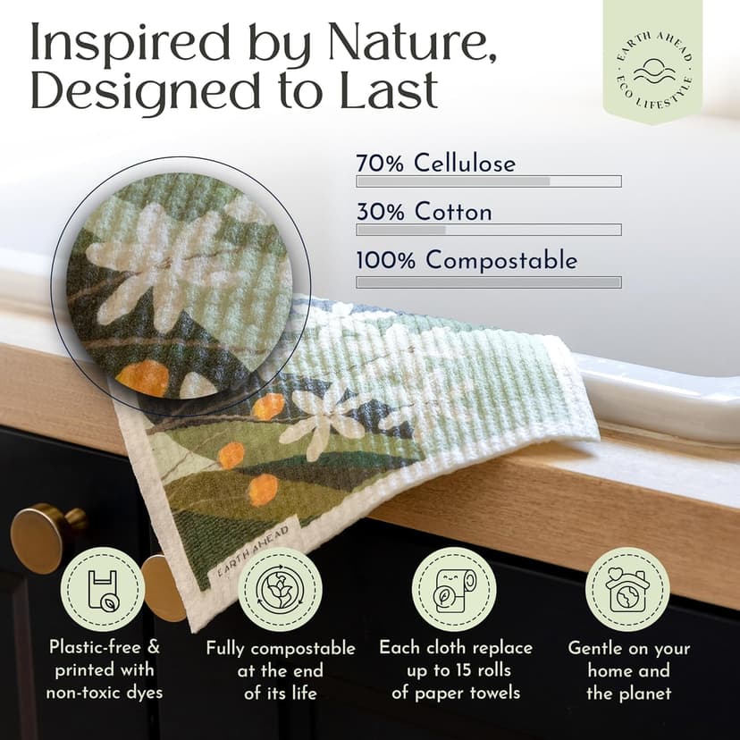 Floral Swedish Dishcloths 6-Pack – Reusable Eco-Friendly Cleaning Cloths in Plantable Packaging, Ultra-Absorbent Kitchen Sponge Cloth Gift Set.