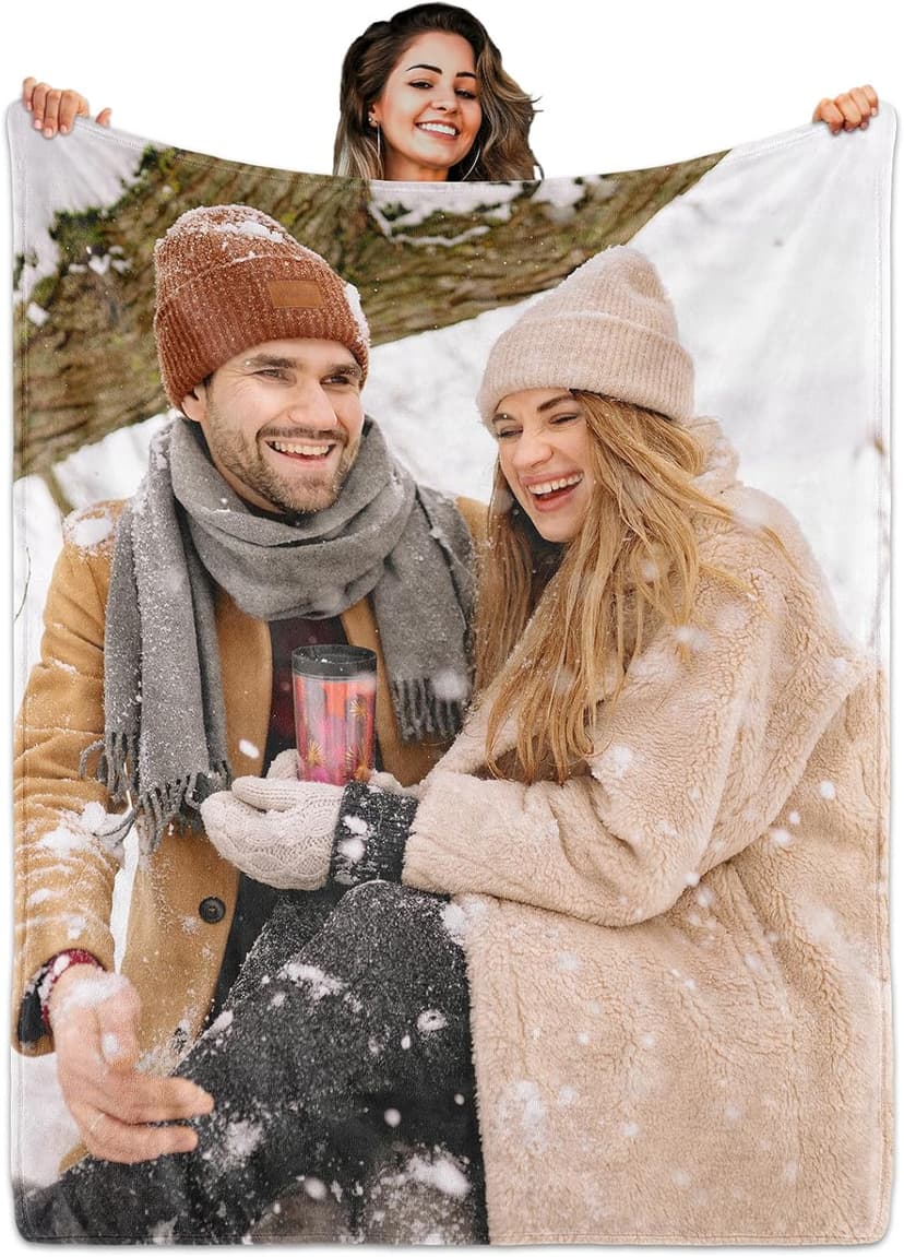 Custom Blanket with Picture Text, Personalized 1 Photo Blanket, HD Printing Customized Flannel Throw Blanket Gifts for Mom Dad Couple Girlfriend Boyfriend Wife Husband Gift