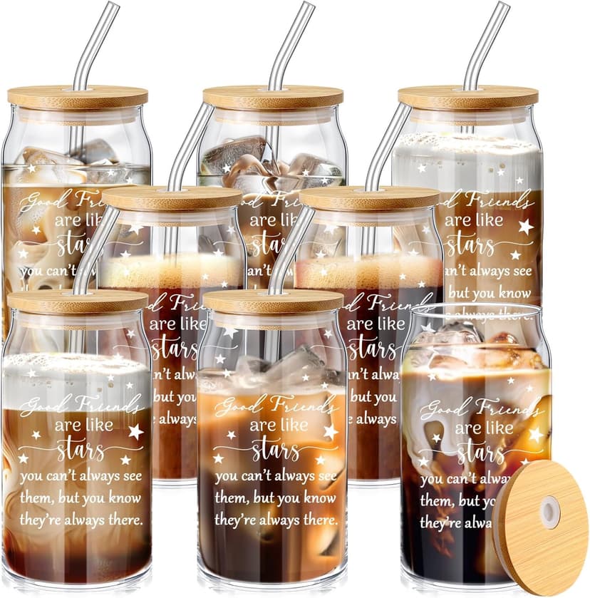 Zhehao 8 Pack Friendship Gifts for Women Friends Gifts Bulk 16oz Iced Coffee Glasses with Bamboo Lids and Straws for Sister Friend Holiday Birthday Party Drinking