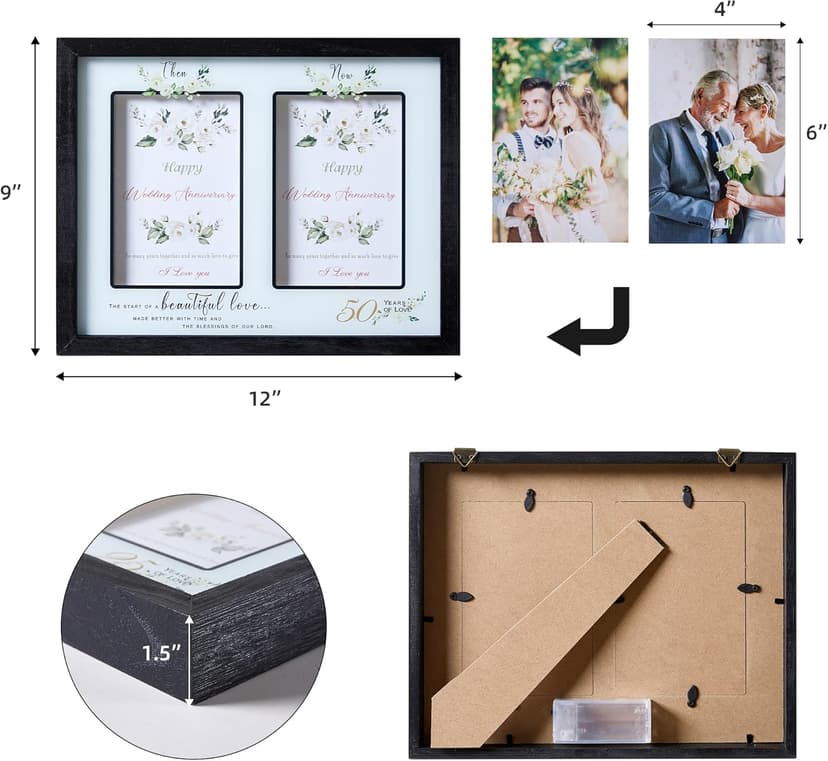 Then & Now 50th Anniversary Picture Frame for Couple, Celebrate Years of Love Anniversary Wooden Photo Frame for Parents, Husbands, Wives, Wedding Engagement Gifts, Double Frame 4x6 Photos Black