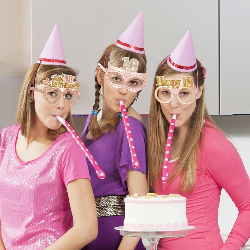 24PCS 18th Birthday Eyeglasses Decorations for Girls, Pink Rose Gold Happy 18th Birthday Paper Eyeglasses Party Supplies, Eighteen Year Old Bday Glasses Decor