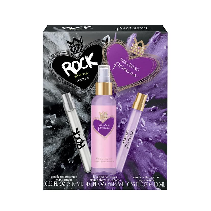 Vera Wang Princess + Rock Princess, Body Mist and Eau de Toilette Spray (2) 3 Piece Gift Set, Notes of Peach, Jasmine, and Vanilla, Women's Fragrance, Long Lasting, Everyday Fragrance