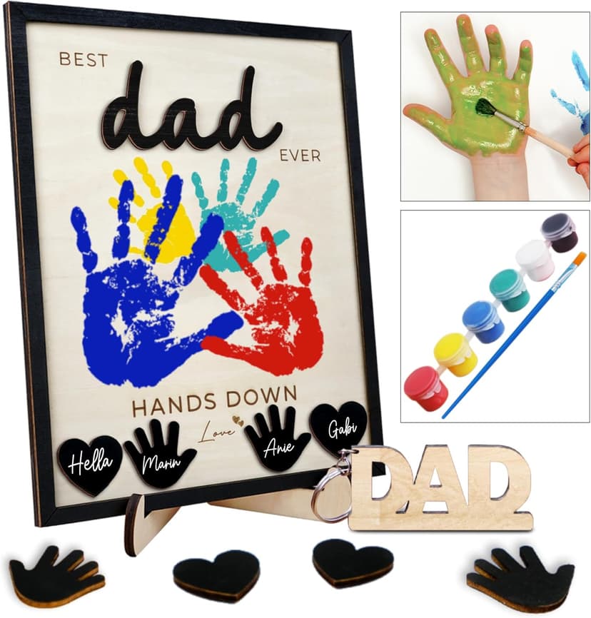 10" Hands Down Best Dad Ever DIY Handprint Kit with Acrylic Paint, Art Craft Family Keepsake Wood Frame Dad Keychain Birthday Father's Day Gift for Daddy, Papa Family Sign with Kids Names HF90-D