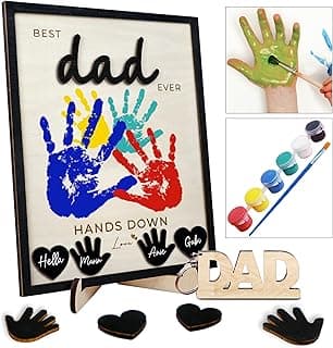 10" Hands Down Best Dad Ever DIY Handprint Kit with Acrylic Paint, Art Craft Family Keepsake Wood Frame Dad Keychain Birthday Father's Day Gift for Daddy, Papa Family Sign with Kids Names HF90-D