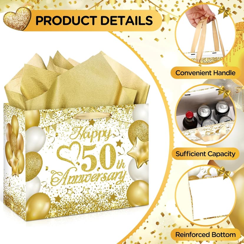 50th Anniversary Paper Gift Bag - White Gold Wedding Gift Wrapping Bag with Tissue Papers & Card - Perfect for Golden Wedding Anniversary or Christmas Decor