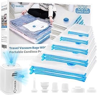Saker Vacuum Storage Bags with Electric Pump, Space Bags Vacuum Storage Bags, 2-in-1 Pumping and Inflation, 15 Pack (3 Jumbo,3 Large,3 Medium,3 Small,3 Roll Up Bags) for Clothes, Bedding, Travel