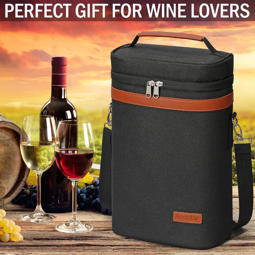 2 Bottle Wine Bag Wine Cooler Carrier Wine Gift Tote Bag, Leakproof & Insulated Bottle Bags for Travel, BYOB, Beach, Dinner, Party, Christmas Gifts for Wines Lovers Women Men - Black