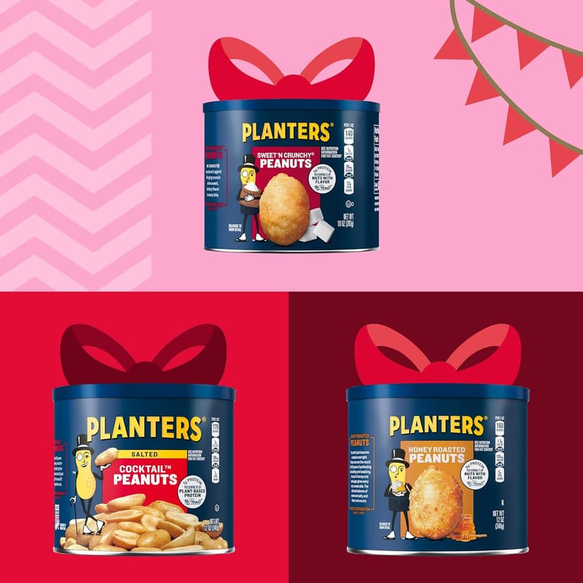 PLANTERS Peanuts Holiday Trio Pack - Snacks Variety Pack for Adults with Sweet n Crunchy, Honey Roasted, and Cocktail Peanuts (3 Count Canisters)
