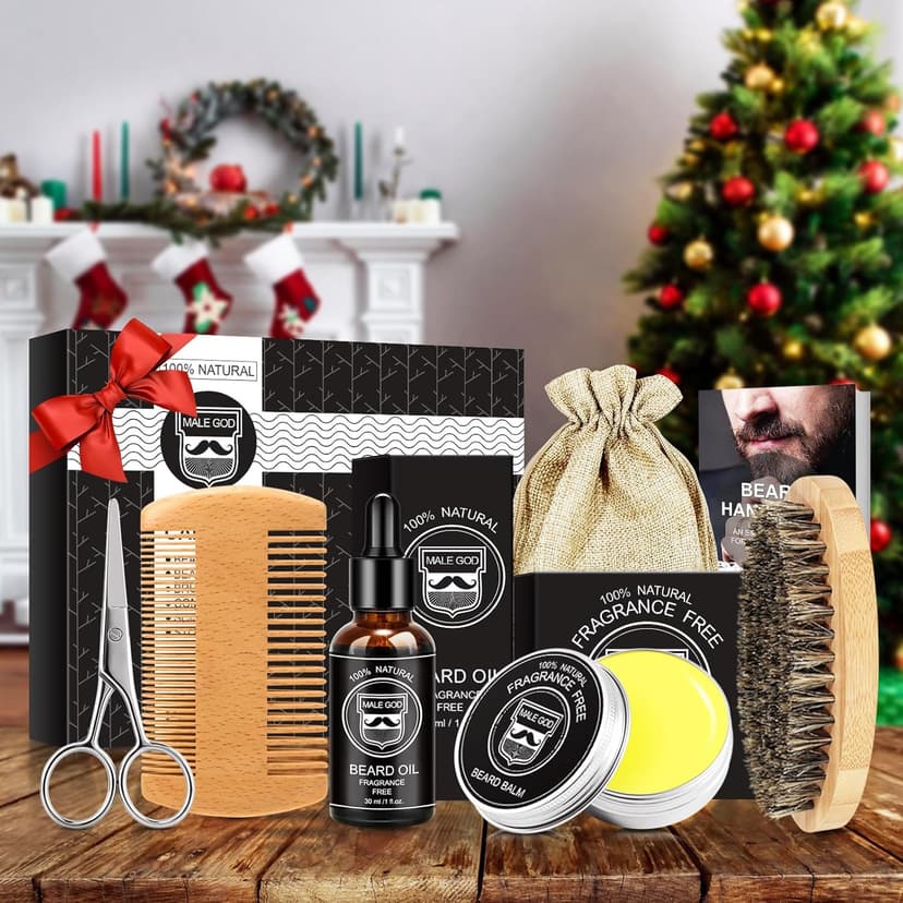 MALE GOD Beard Kit w/Beard Oil, Balm, Brush, Comb - Nourish & Soften Beard, Natural Shea Butter, Suitable for All Skin, Anniversary & Birthday Gifts for Men Him Husband Boyfriend Dad Friends