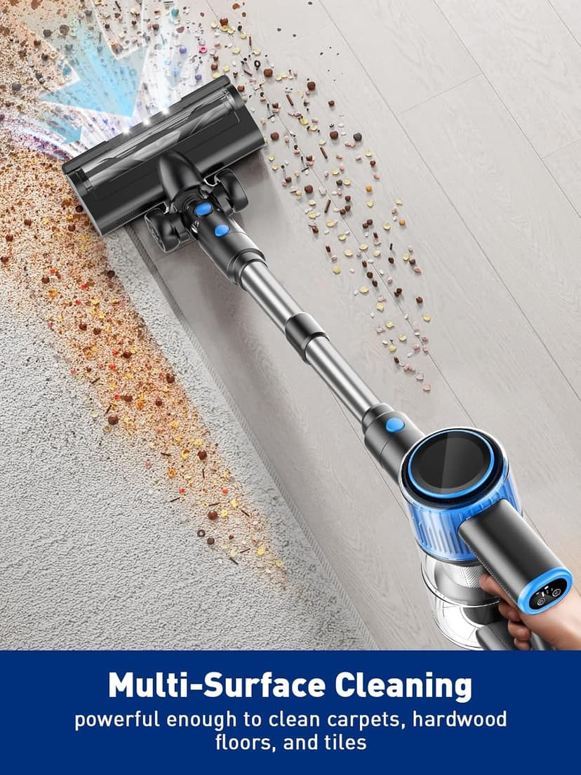 Cordless Vacuum Cleaner, 8 in 1 Powerful Suction Lightweight Vacuum Cleaner for Home, LED Display, 3 Suction Modes, 45Mins Detachable Battery Vacuum for Hard Floor Carpet Pet Hair