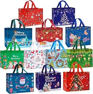 Heetobcos 12 Pack Christmas Gift Bags Large Reusable Tote Bags, Non-Wove Bags for New Year's Shopping, Christmas Surprise, Xmas Party Supplies,12.8"×9.8"×6.7"