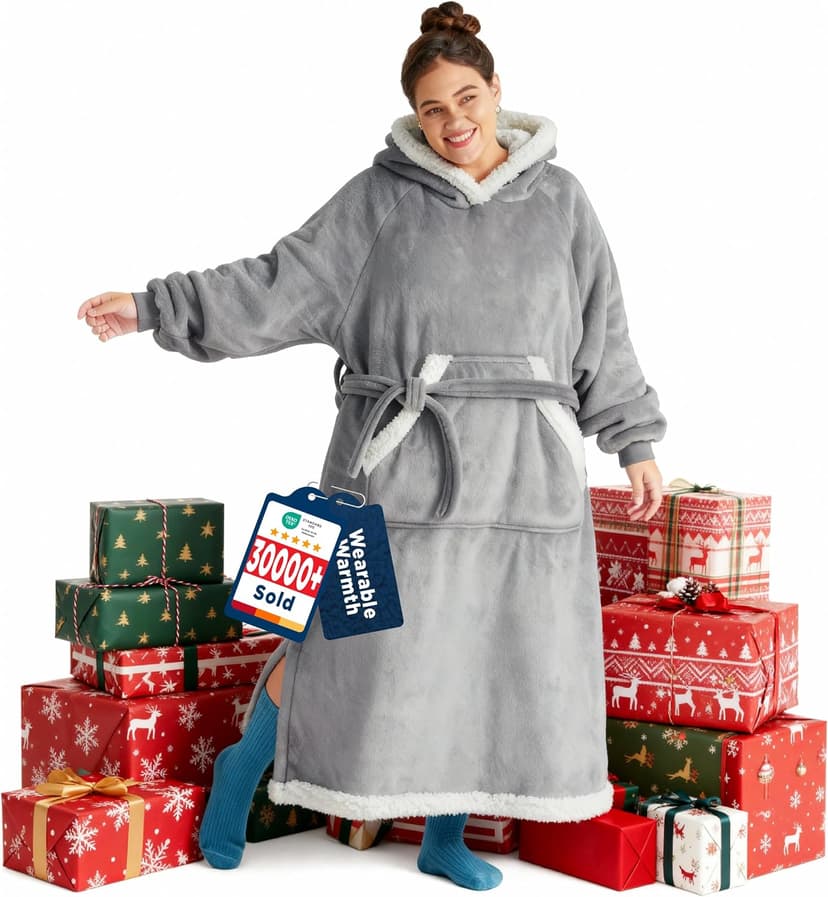 Bedsure Wearable Blanket Hoodie, Long Hooded Blanket Sweatshirt as Birthday Gifts for Women, Cozy Sherpa Hoodie for Adult, Standard, Grey