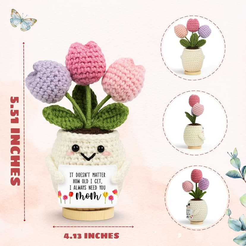 Gifts for Mom from Daughter Son - Cute Christmas, Mothers Day, Birthday Gifts for Moms - 5.51'' x 4.13'' Knitted Positive Tulip Flowers Mom Crochet Doll
