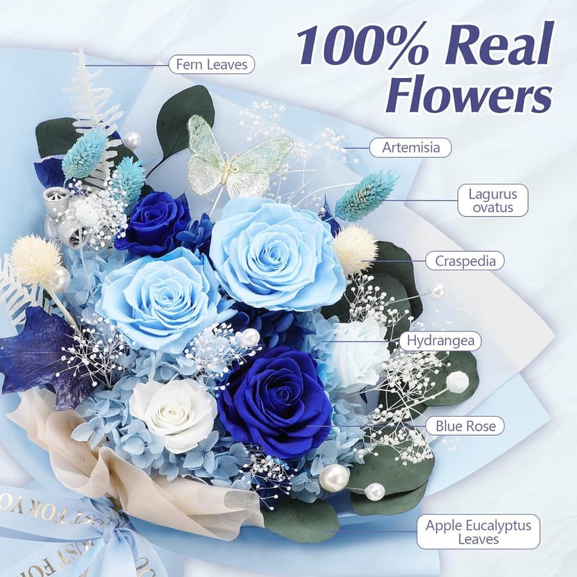 Casaido Preserved Flowers for Delivery, 6 Blue Roses Bouquet, Birthday Gifts for Women, Christmas Rose Gifts for Mom Wife Girlfriend, Forever Real Flowers for Valentines Day Anniversary