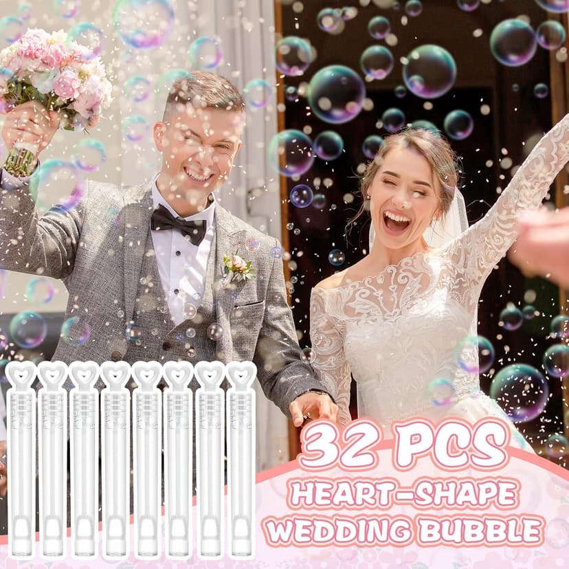 32Pcs Wedding Bubble Wands Bulk(White Heart Top), Mini Bubble Party Favors, Valentine's Day, Anniversary Supplies, Wedding Send Off, Gift Box Decoration, Goody Bag Stuffers Filler for Couple Guest Kid