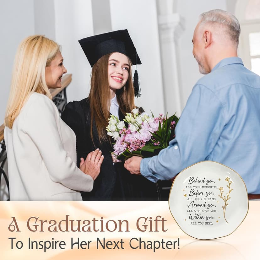 OASSIE Graduation Gifts for Women - 4"x4" Round-Shaped Ceramic Jewelry Dish Tray - Thank You Inspiration College High School Graduation Gifts for Her Friends Sister Women, Decorative Trinket Dish