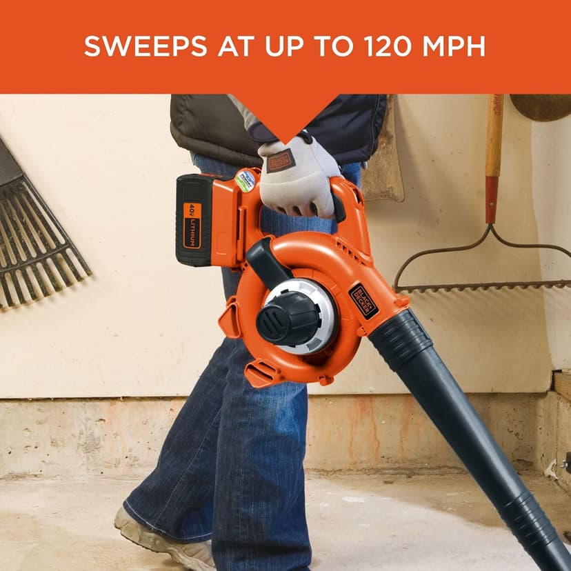 BLACK+DECKER Leaf Blower Cordless Leaf Vacuum and Mulcher Combo Kit, Battery and Charger Included, 40V 120 mph Air Speed, 6-Speed Dial, Built-in Scraper with Collection Bag (LSWV36)