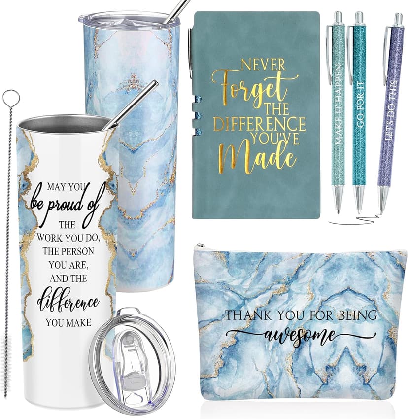 Domensi 6 Pcs Employee Appreciation Gift Set for Women Female Christmas Thank You Gift May You Be Proud 20 oz Rustic Marble Sign Tumbler Makeup Bag Journal for Teacher Nurse Lady Work Business(Blue)