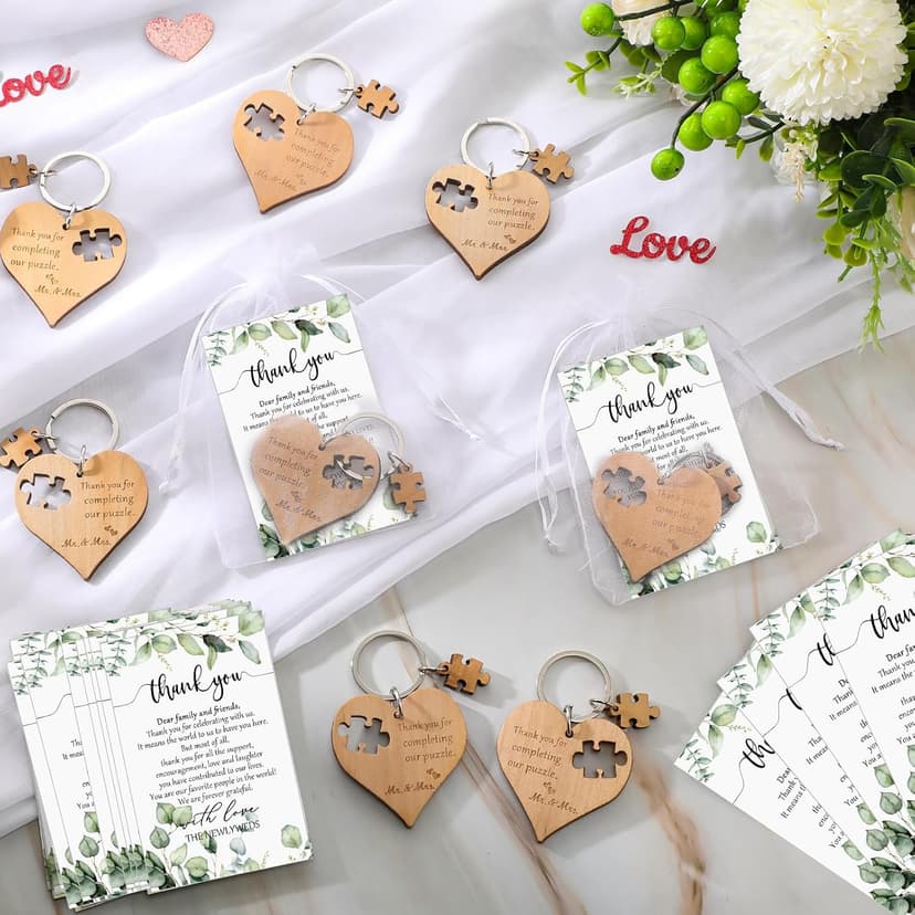 50 Sets Wedding Souvenir for Guests Includes Wood Heart Puzzle Keychain Cards and Gift Bags Rustic Wedding Favors for Guests