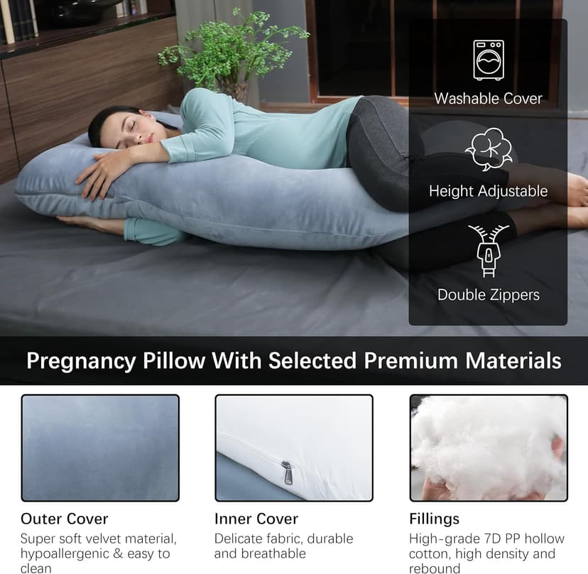 MOON PARK Pregnancy Pillows for Sleeping - U Shaped Full Body Maternity Pillow with Removable Cover - Support for Back, Legs, Belly, HIPS - 57 Inch Pregnancy Pillow for Women - Grey